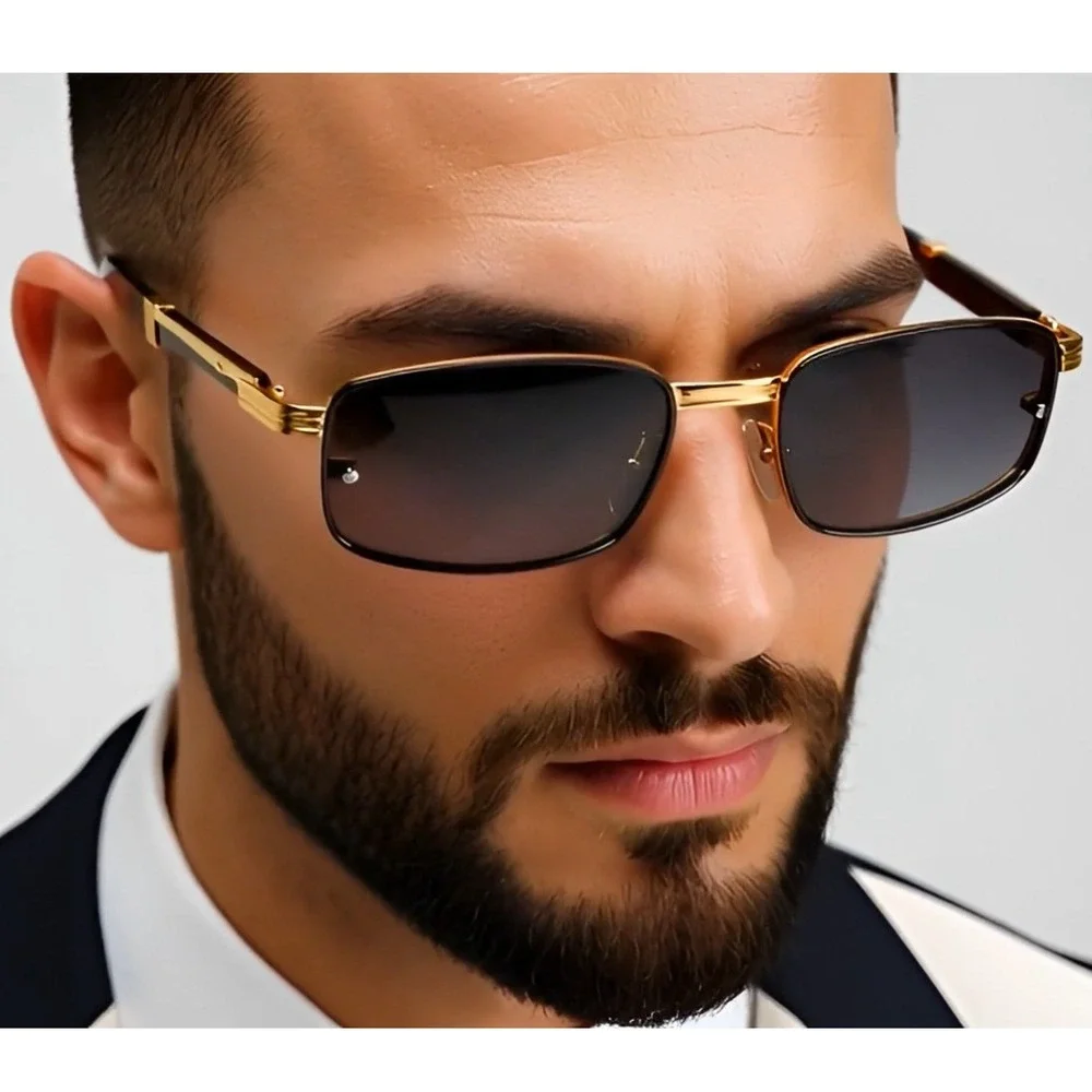 Rimless Sunglasses Rectangle Gold Accents Wood Arms Mens Fashion Dark Black Lens